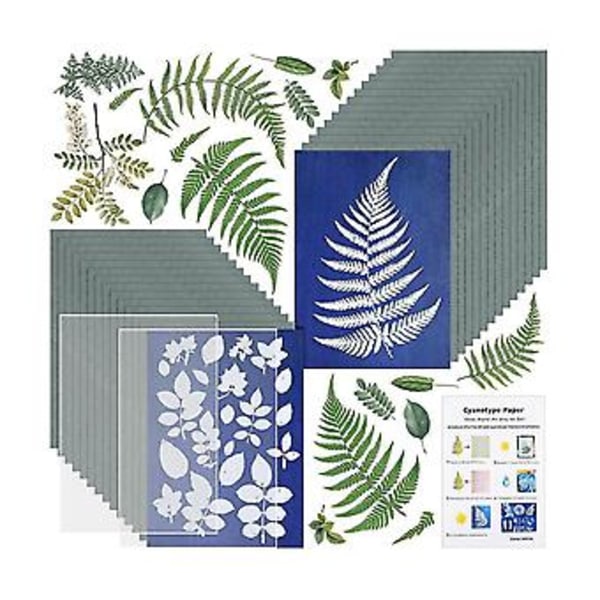 Soltryksæt, cyanotype, 30 ark cyanotype med 2 ark akrylpanel, aktiveret