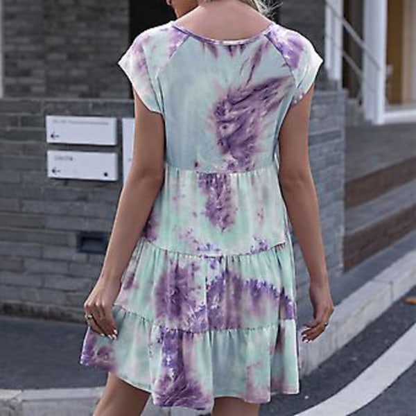 Dybt V-hals Tie Dye Print Kjole Kvinder Elegant Casual Gradient Løs Kant Kortærmet Lagdelt Kjole Lilla L