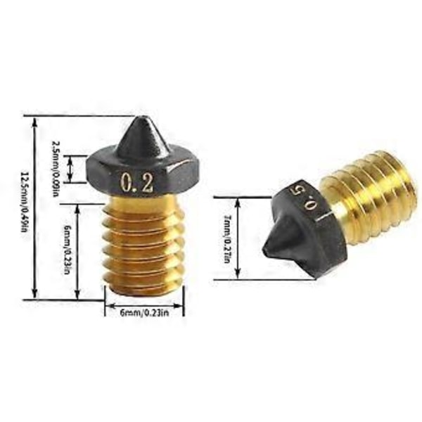 6 st munstycken för VORON/MK3S-skrivare V6 PTFE-belagt mässingsmunstycke 0,2/0,3/0,4/0,5/0,6/0,8 mm 3D-skrivarmunstycken