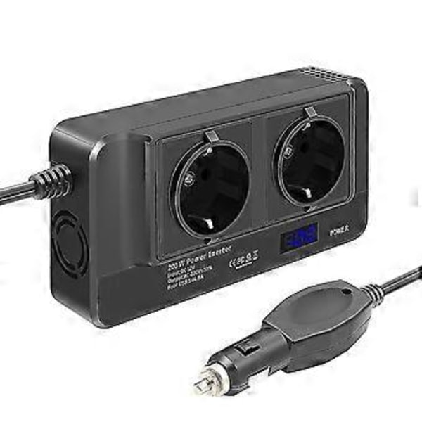 200 W auton invertteri, jännitemuunnin 12 V - 220 V älykkäällä LCD-näytöllä, 2 pistorasiaa ja 4 USB C -liitäntää
