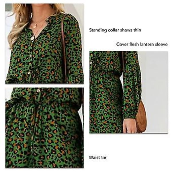 Mekko Leopardiprintti Pystykaulus Kukkaprintti Pitkä Lyhtyhiha Keskipitkä Mekko Naisille Vihreä XL