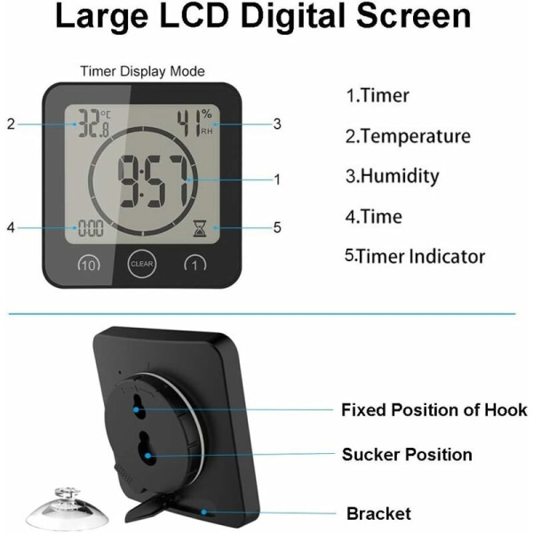 Badrumsklocka, Vattentät Touch Control Duschklocka, LCD Digital Alarm, Hygrometer Termometer, Nedräkningstimer, Batteridriven, för Kitc