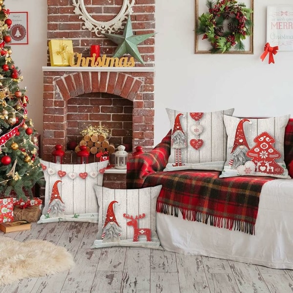 Jultomte kuddfodral 45x45cm Set om 4 Deko Jul örngott Juldekoration för interiör, soffa, sovrum, vintersemester