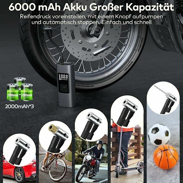 6000mAh Mini Elektrisk Luftpump, Bärbar Luftkompressor 150PSI Sladdlös Däckuppblåsare med Digital LCD-display, Elektrisk Cykelpump med LED-ljus fo