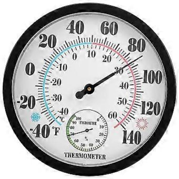 Inomhus Utomhus Termometer Trädgård Vägg Uteplats Väder Termometer Hygrometer, Stort Nummer 10 tum Diameter (Svart)