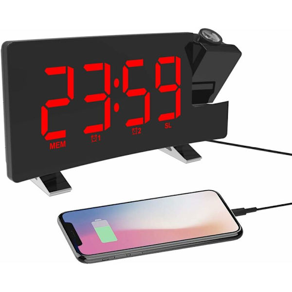 Projektionsväckarklocka, 180  Takprojektionsväckarklocka, USB FM Digitalklocka med Dubbla Alarm, Snooze, Sleep Timer, 12/24h, Stor LED-skärm med Dimmer (Röd)