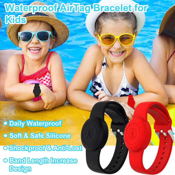 2-pack IPX8 vattentätt AirTag armband för barn (svart, rött)