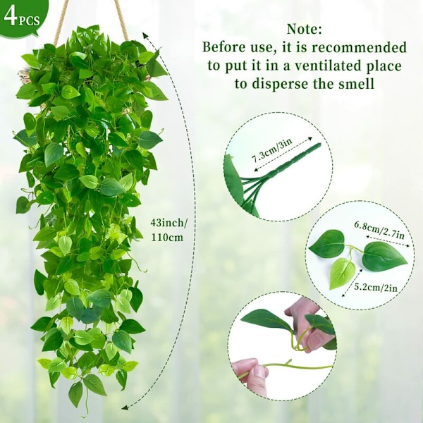 Kunstige planter, kunstig efeu planter guirlande vin 4 stykker falsk kunstig efeu guirlande dekoration til fest, bryllup, køkken, have, kontor [En