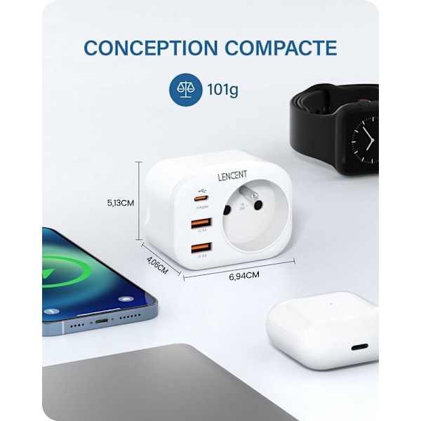 20W PD Sektor USB-stikkontakt, Type C+ QC3.0 Strømskinne Lader med 1 AC-utgang, 1 USB C og 2 USB-porter, Elektrisk Veggkontakt Kompatibel med iPhone