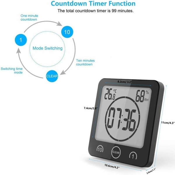 Badrumsklocka, Vattentät Touch Control Duschklocka, LCD Digital Alarm, Hygrometer Termometer, Nedräkningstimer, Batteridriven, för Kitc