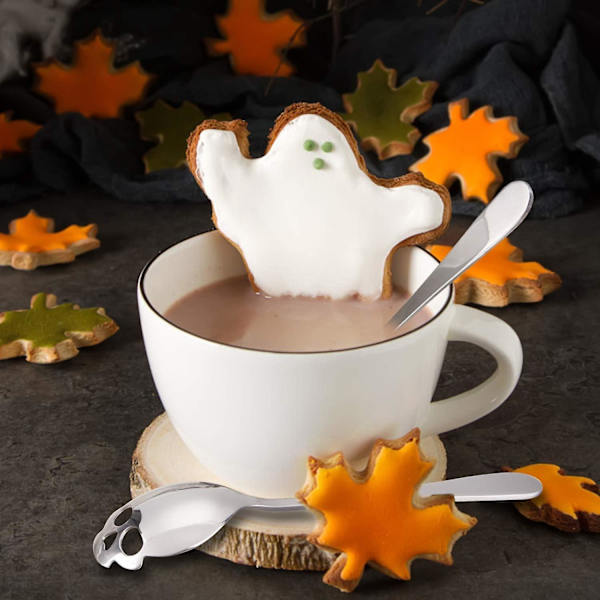 Sett med 6 skjeer i rustfritt stål med hodeskallemotiv, 15 cm skje med hodeskallemotiv, teskje med hodeskallemotiv, kaffeskje, tåler oppvaskmaskin, skje med hodeskallemotiv, serie med skjeer med hodeskallemotiv
