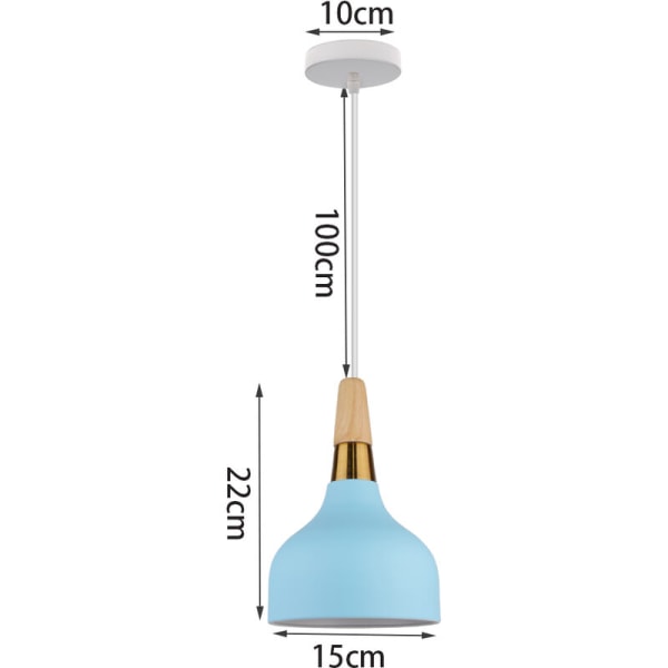 Modern hängande lampa i metall och trä, inomhuskrona i blått