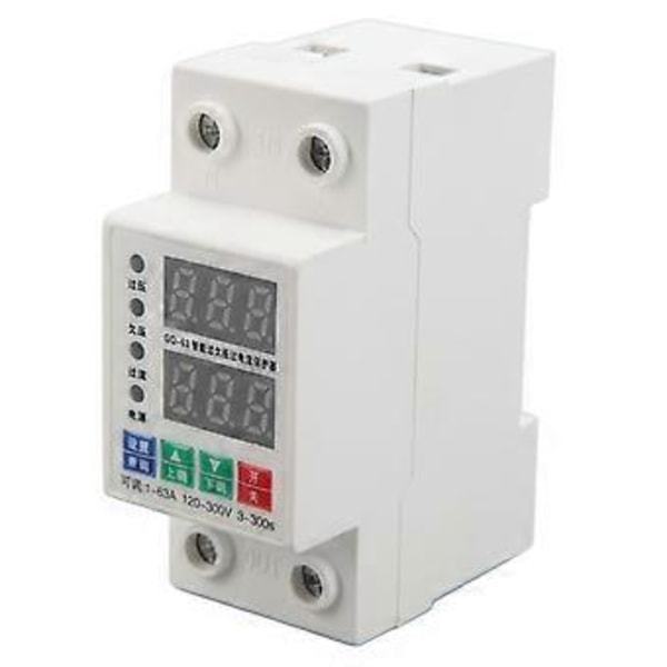 2-fas DIN-skena Voltmeter Automatisk Justerbar Överspännings- och Överströmskydd Strömbrytare 120-300V 1A-63A