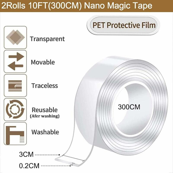 DENUOTOP 2x10FT Nanotejp, Transparent Dubbelhäftande Tejp, Multifunktionell Nano Halkskydd Spårlös Dubbelhäftande Gel, Återanvändbar Tvättbar Klar