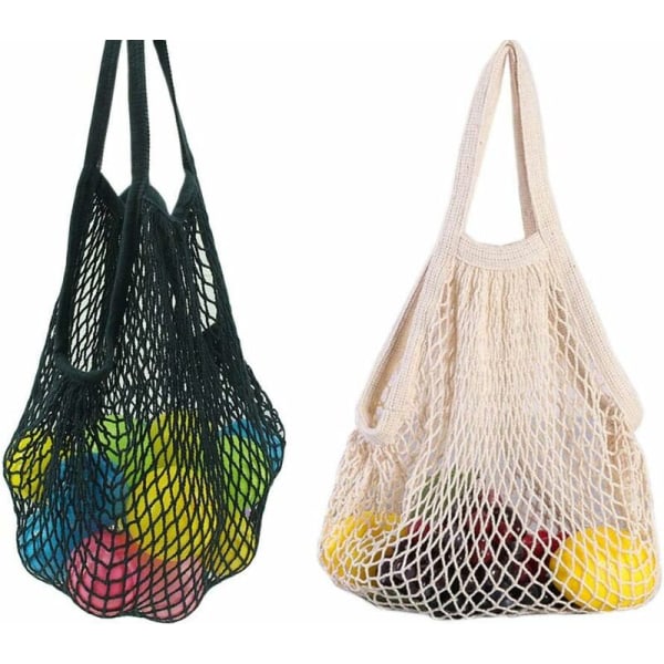 2 stk gavepose bærbar fruktnettpose praktisk nettingpose bomullsnettpose lommepose gavepose (svart + beige)-Fei Yu