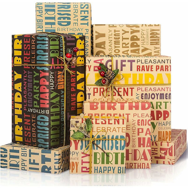 Kraft presentpapper, presentpapper för födelsedagar, retro presentpapper, presentpapper för barn och män till alla födelsedagar