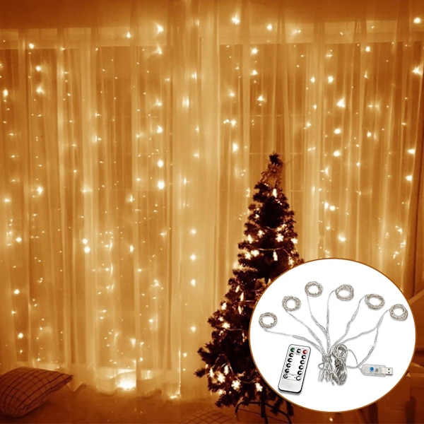 3m LED-fönstergardinlampor Fe-stränglampor Garland Bakgrund Fjärrkontroll USB-driven Vattentät Festdekoration