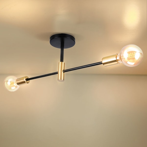 E27 Vintage industriell taklampearmatur Semi Flush Mount Pendel Light Metal lysekrone 2 lys svart og gull