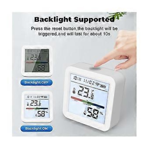 Wifi Temperatur Luftfuktighetssensor Bakgrundsbelysning Skärm App Kontroll Temperaturlarm Sensor Med Klocka