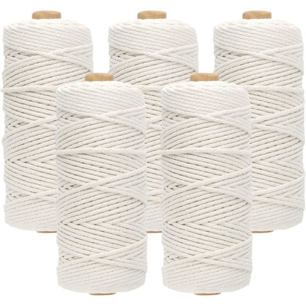 Pack of 5 Cotton Macramé Thread Twine Cord 3 mm x 100 m Natural White Cotton Thread Macramé Rope Cotton Twine for DIY, Crafts, Gift Wrapping