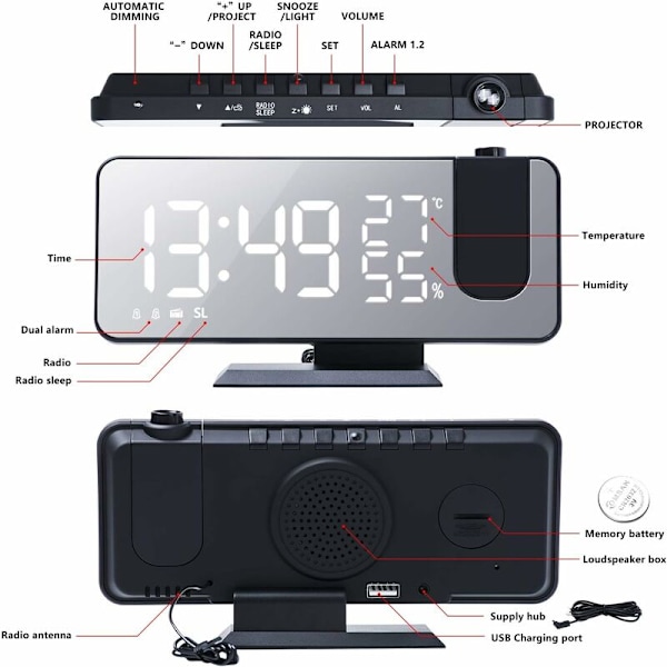 Projektionsväckarklocka, LED digital väckarklocka sängbord med nätströmförsörjning med FM-radiofunktion, USB-laddningsport, 4-nivåers ljusstyrka, 2 larm
