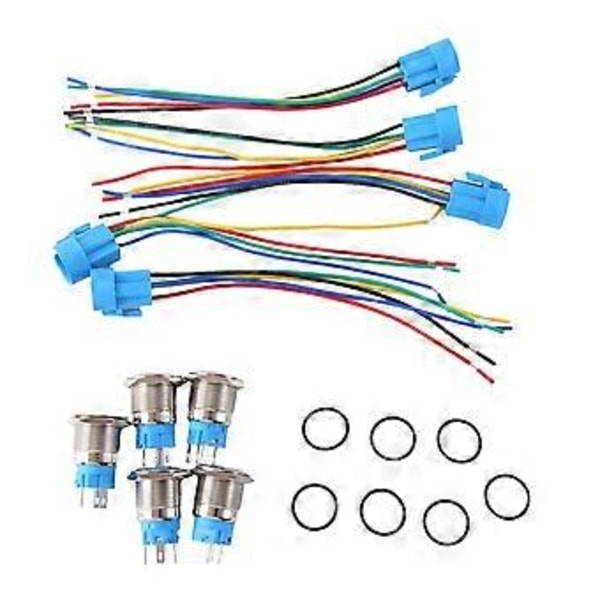 5 stk. Metal Trykknap Switch 12v 19mm Ring Lampe Strømsymbol Vandtæt LED Lys Selvlås Reset med Konnektor