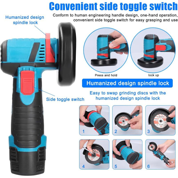 Mini trådløs vinkelsliper, 19500 RPM elektrisk slipeverktøy, bærbar sliper for kutting av keramiske fliser, polering av tre, stein og stål