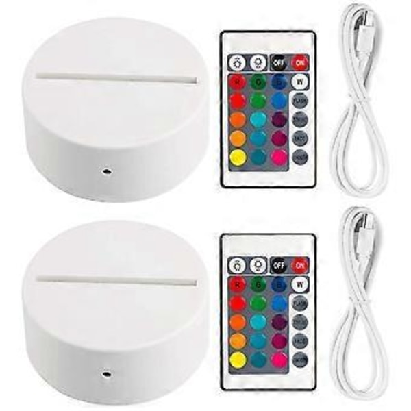 2-pack 3D Natt LED Lampa Bas + Fjärrkontroll + USB-kabel, 16 Färgers Ljusshow Displayställ för Akryl Vit