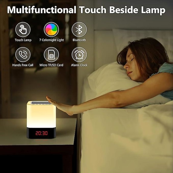 Bluetooth-högtalare, LED-nattlampa med touch-kontroll, bärbar trådlös högtalare, sänglampa, USB-laddningsbar bordslampa, väckarklocka, för sovrum, Li