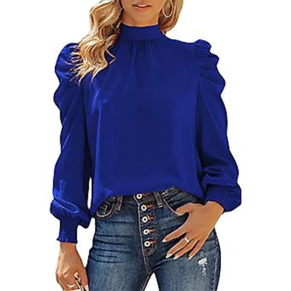 Dame Lang Puff Erme Topper Skjorte Moderne Elegant Løs Casual Ren Farge Høy Hals Bluse for Arbeid Blå XXL