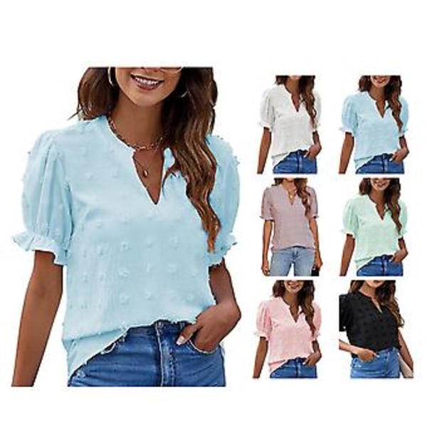 Dame Chiffon Skjorter Casual Sommer Topper Puff Korte Ermer V-Hals Sveitsisk Prikk Pom Pom Bluser for Arbeid Reise Fest Himmelsblå M