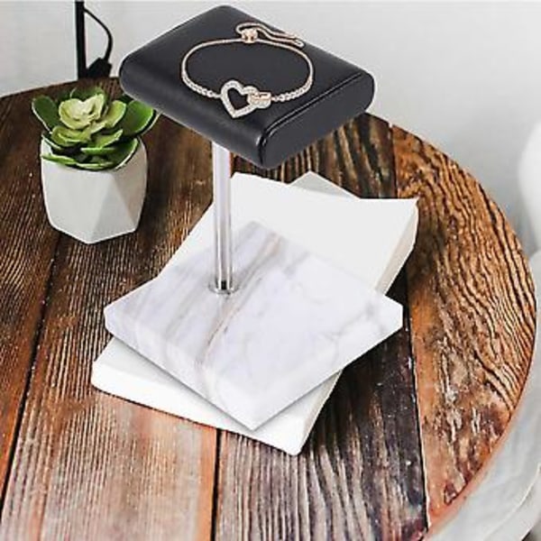 Vit Marmor Klockarmband Displayställ Svart PU Läder Smyckesställ Silverfärgad Stångplacering