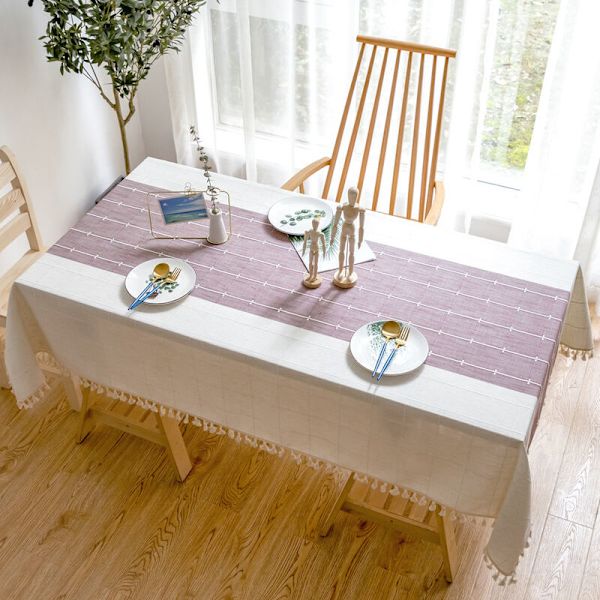 Solid Bomull och Linne Rektangulär Bordsduk Rutiga Broderi Tofs Bomull Linne Bordsduk för Kök Matsal Dekoration (140x140