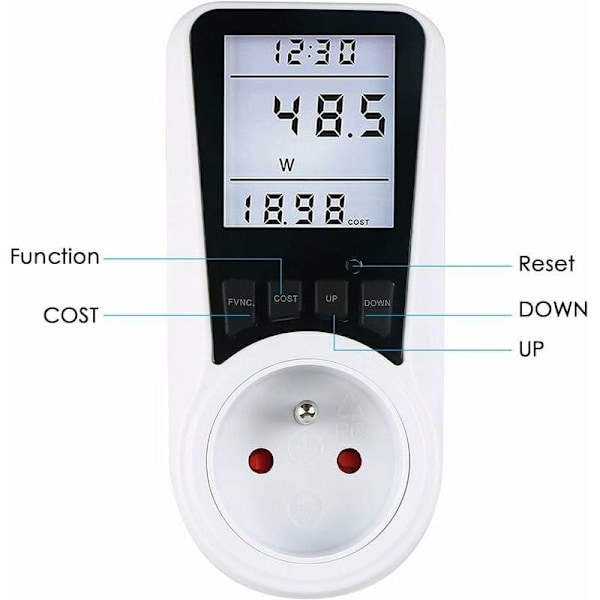 Wattmeter-plugg, A230V energimåler Energiforbruksmåler, Strømkontrollplugg med LCD-skjerm - Frankrike-plugg