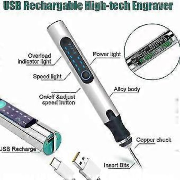 USB Uppladdningsbar Gravör, Mini Elektrisk Gravör Etsningspenna Verktyg Gravering Smycken Glas Metall Gravering Penna Portabel Elektrisk En