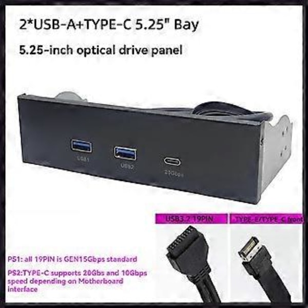 USB-etupaneeli PC:lle, 2 porttia USB 3.2 GEN1 5 Gbps + 1 portti TYPE-C 10 Gbps/20 Gbps -keskitin pöytäkoneen 5,25 tuuman levykeasemaan
