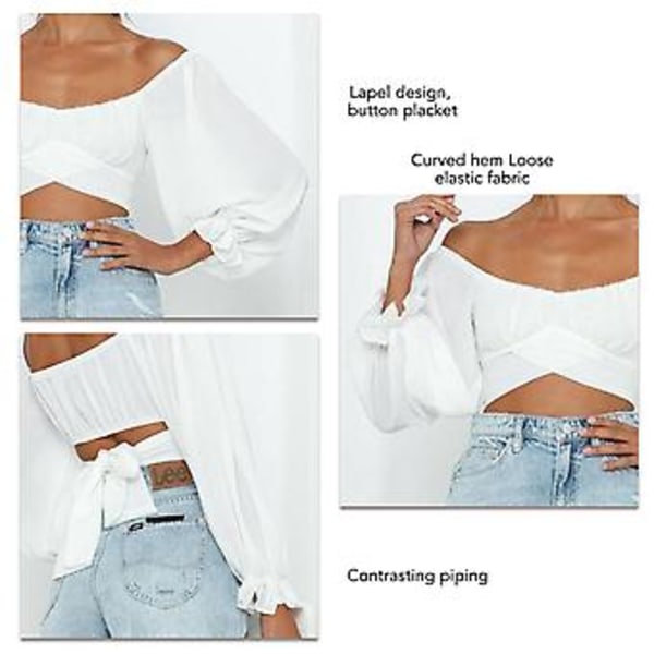 Naisten Söpö Olkapäät Paljaaksi Jättävä Röyhelöinen Kietaisumallinen Crop Top Joustavalla Hihansuulla Pitkät Muhkeat Hihat Solmittava Selkä Osa 2 M, Juhliin Ostoksille Matkoille Treffeille