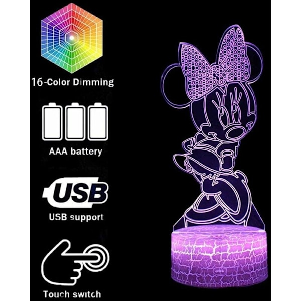 Nattlys Minnie Mouse Illusjonslampe 3D LED Nattlys med berøringskontroll Julebursdagsgave til barn [Energiklasse A+++]-