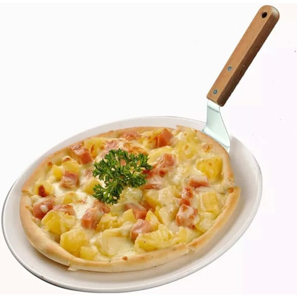 Rund pizzaskuffe i rustfritt stål med treskaft Pizzaskuffe Hjemmeutensiler Rustfritt stål Kakeskuffe Ideell for enkel løfting og tr
