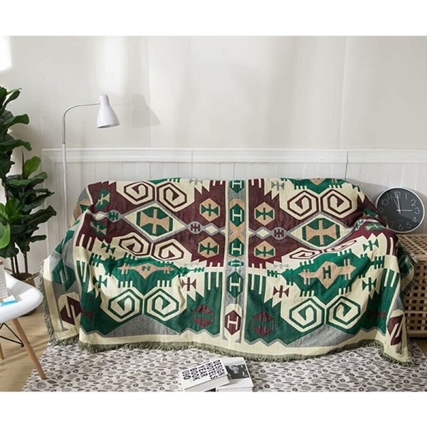 Soffa filt soffa överkast säng överkast stolsskydd resefilt dekorativ filt sofföverdrag med pompom retro etnisk geometrisk mönster 130 c