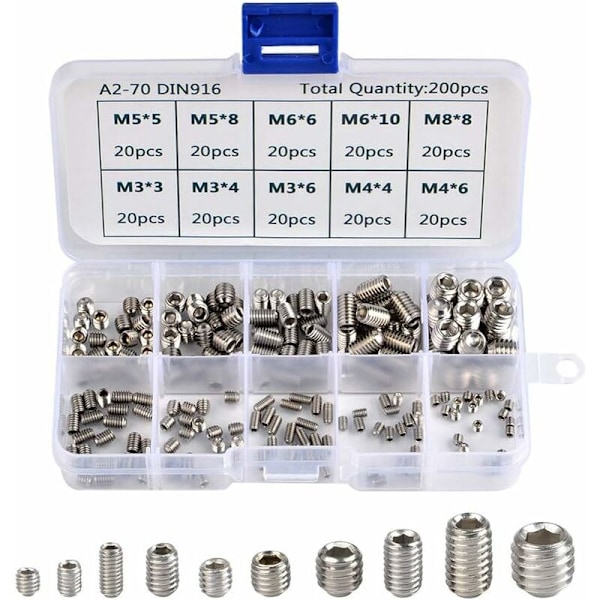 200pcs Allen Screws Stainless Steel Hexagon Headless Screws Set Metric Professional Metal Accessories M3 M4 M5 M6 M8