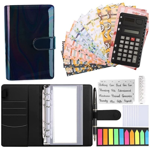 A6 budsjettperm, med glidelåskonvolutter, kalkulator og kort, PU-pengesparingsorgan for kontantfylling av konvolutterperm