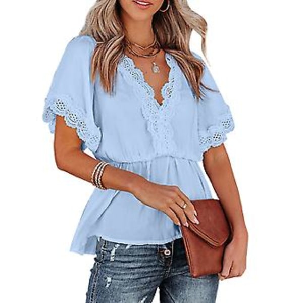 Bluse med volanger, korte ermer, V-hals, heklet blondekant, elastisk midje, peplum og knyting bak, for hverdagsbruk, jobb, shopping, date, blå S