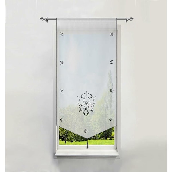 1 st transparent gardin i polyester, blomsterbroderi med pompom, korta gardiner, fönsterdekoration, sovrum/badrum/kafé/kök (LxH/60x120cm,