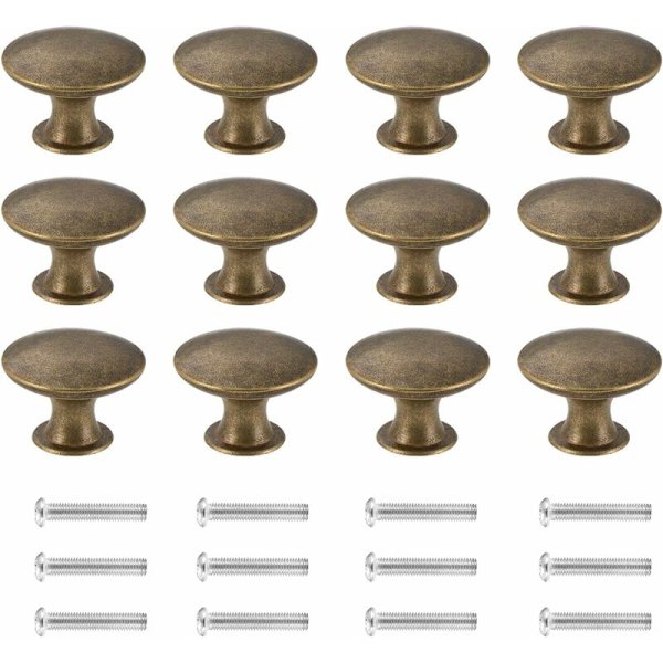 12 st knoppar för möbler, lådor och skåp i antik mässing, diameter 30 mm (gul brons)