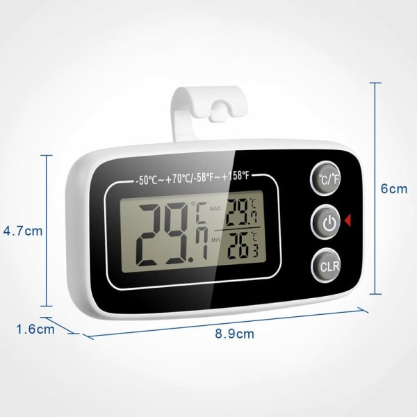 Kyltermometer, 2 st vattentäta frys termometer med krok Max/Min inspelningsfunktion Lättläst LCD-display Idealisk för hem (vit och