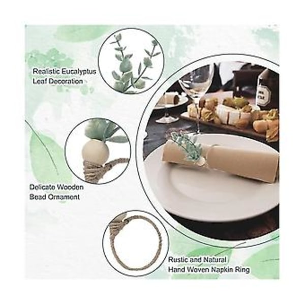 Servietringe 6 Rustikke Eukalyptus Træ Servietringe Boho Blad Træperle Bondegårds Servietring Holder