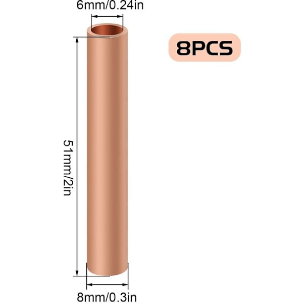 Kobberrør, 8 stk. rent kobber rundt rør hul kobberrør, kobberforbindelsesrør 50 × 8mm, indvendig diameter 6mm, god ledningsevne, egnet til