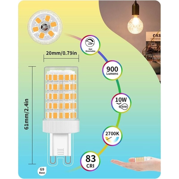 G9 LED 10W, G9 LED-pærer Varmhvit 2700K Glødelampe Ekvivalens 80W Lys 900LM G9-pærer AC 220V Lys 360º Bred Strålevinkel 86*2835 SMD