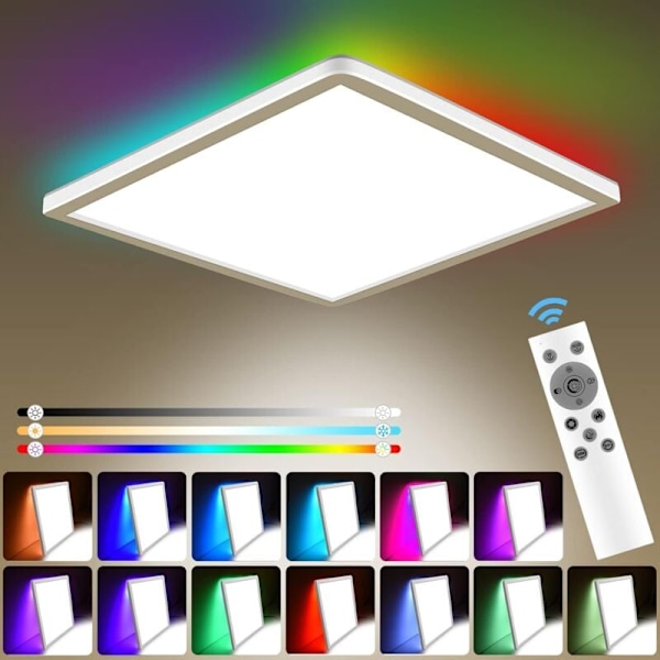 LED-loftslampe, 24W firkantet dæmpbar loftslampe med fjernbetjening, 3200 lm LED-loftslampe soveværelse 3000K-6000K, 13 RGB-farve loftslampe,